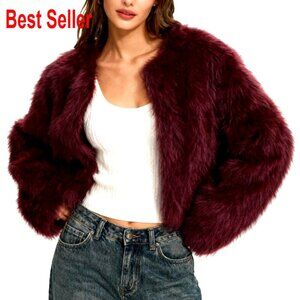 Faux Fur Cropped Jacket Open Front Long Sleeve Winter Coat with Pockets